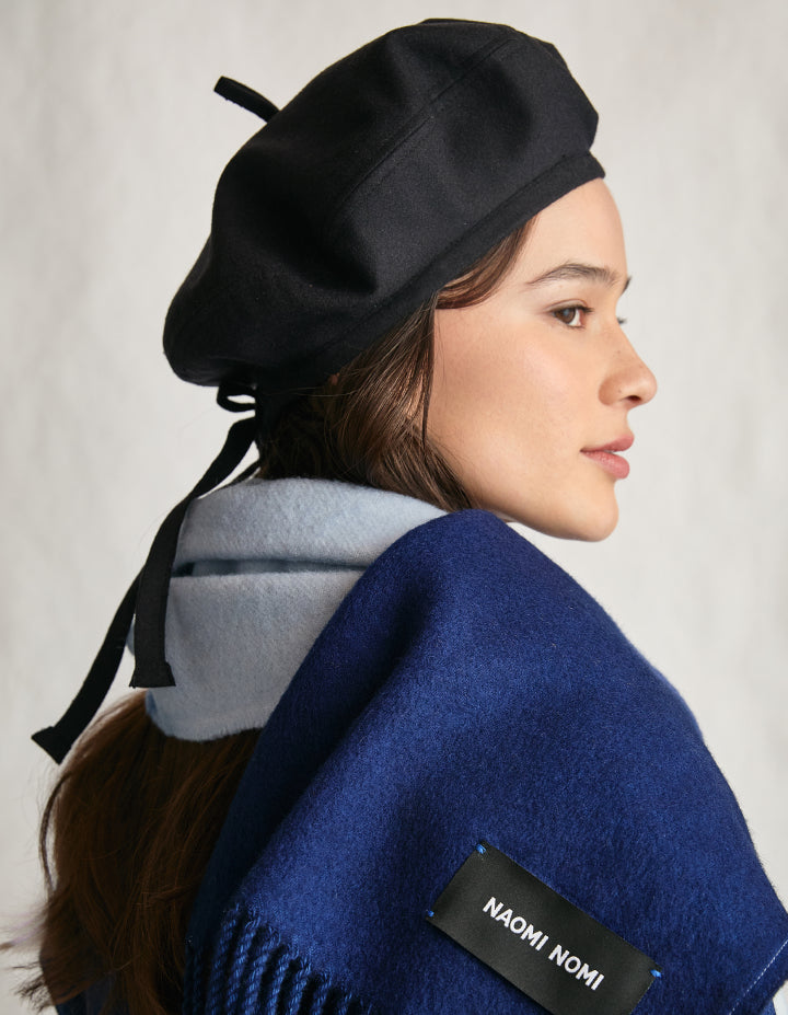 The Beret (Black Enamel Merino Wool & Green Silk Twill)
