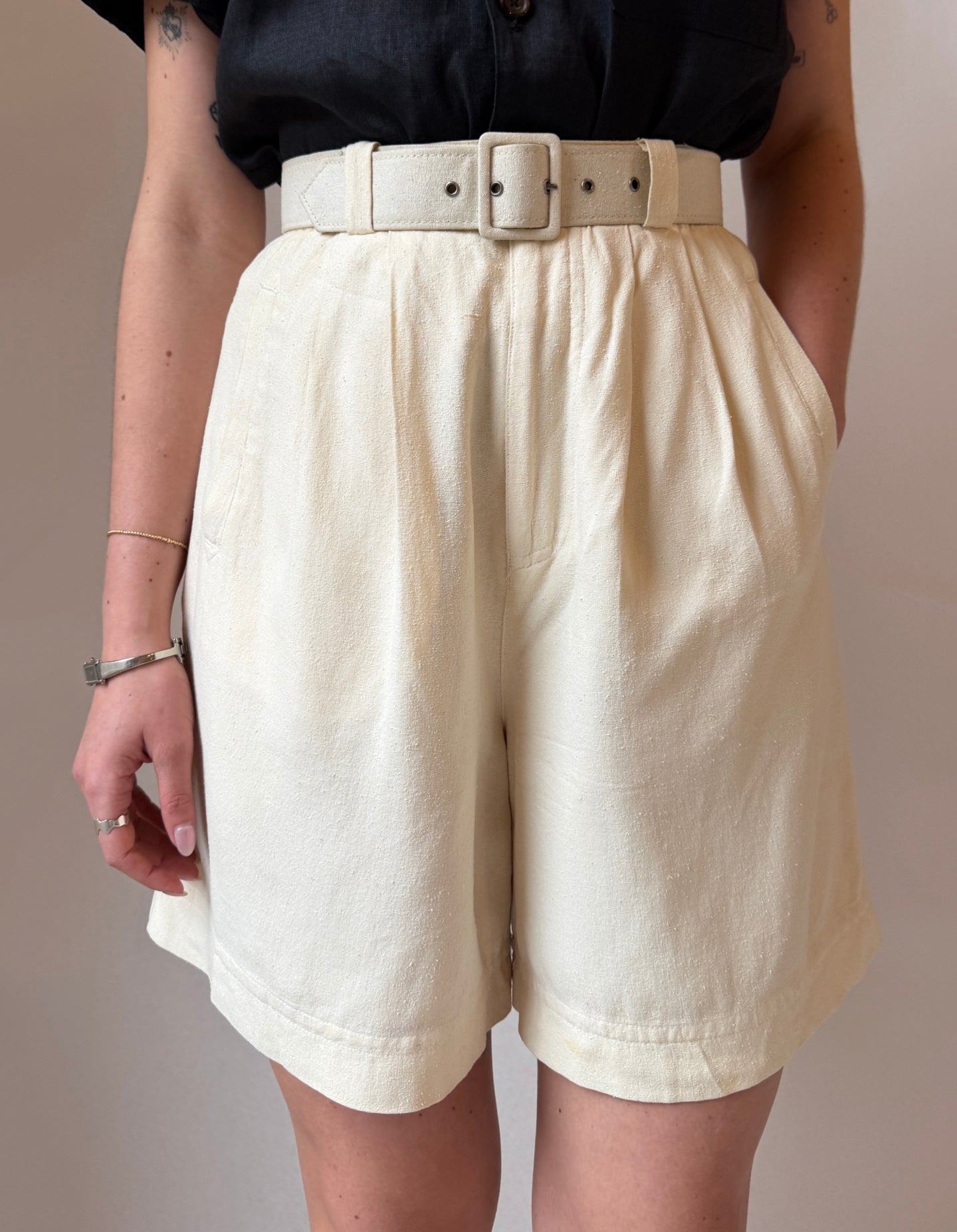Vintage Ivory Silk Pleated Shorts