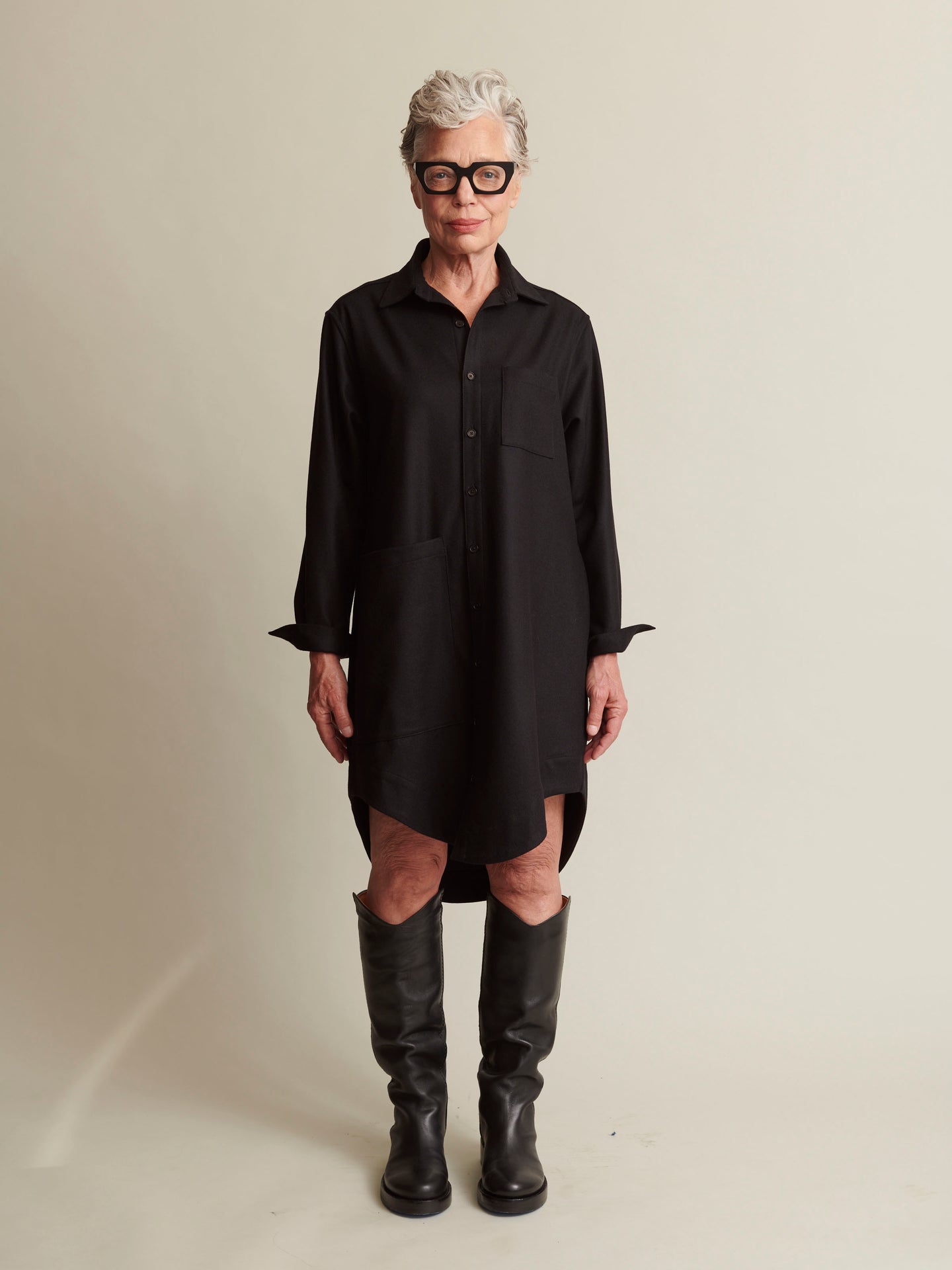 The Shirt Dress in 'Enamel' Black Merino Wool | NAOMI NOMI