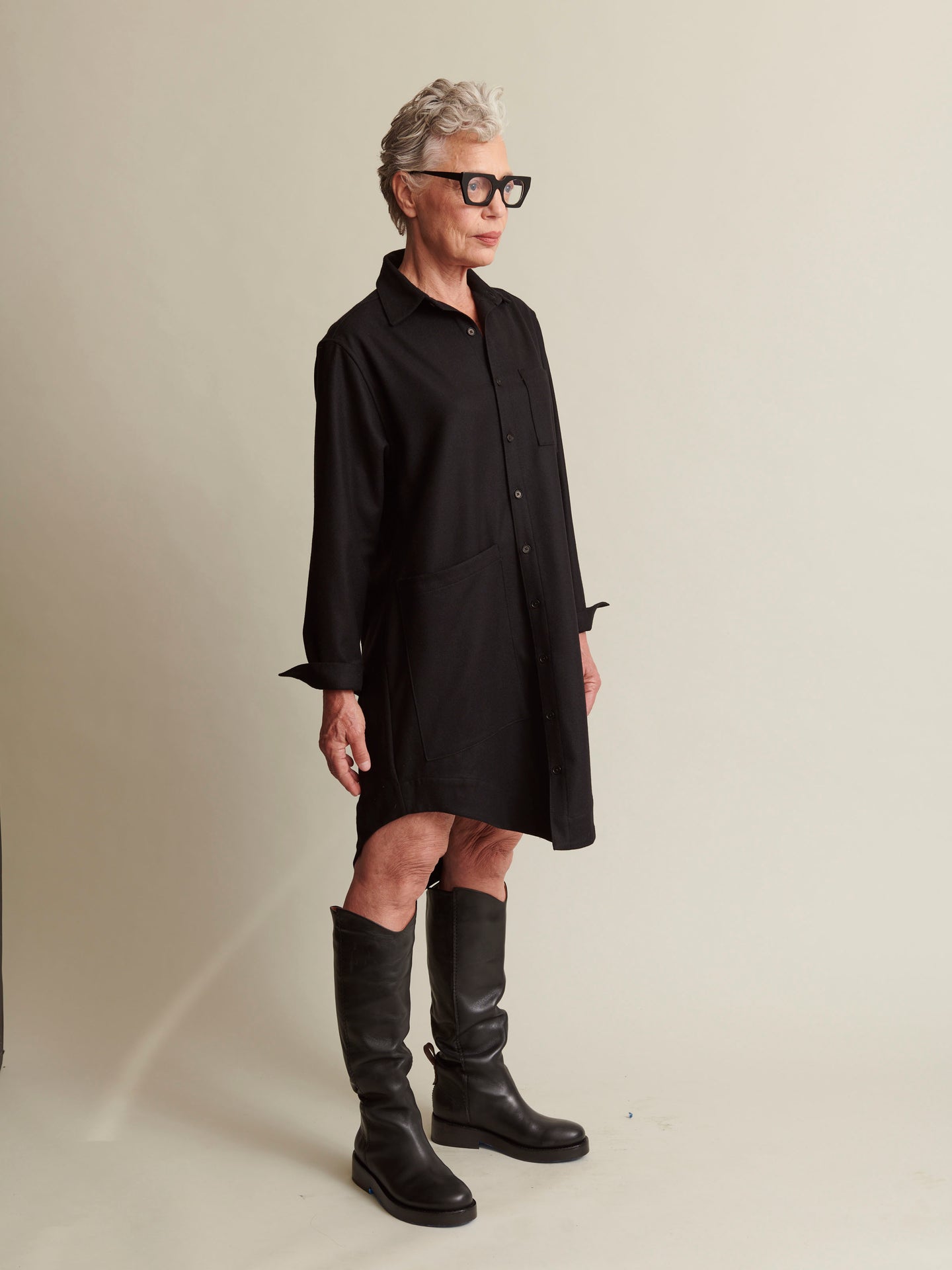 The Shirt Dress in 'Enamel' Black Merino Wool | NAOMI NOMI