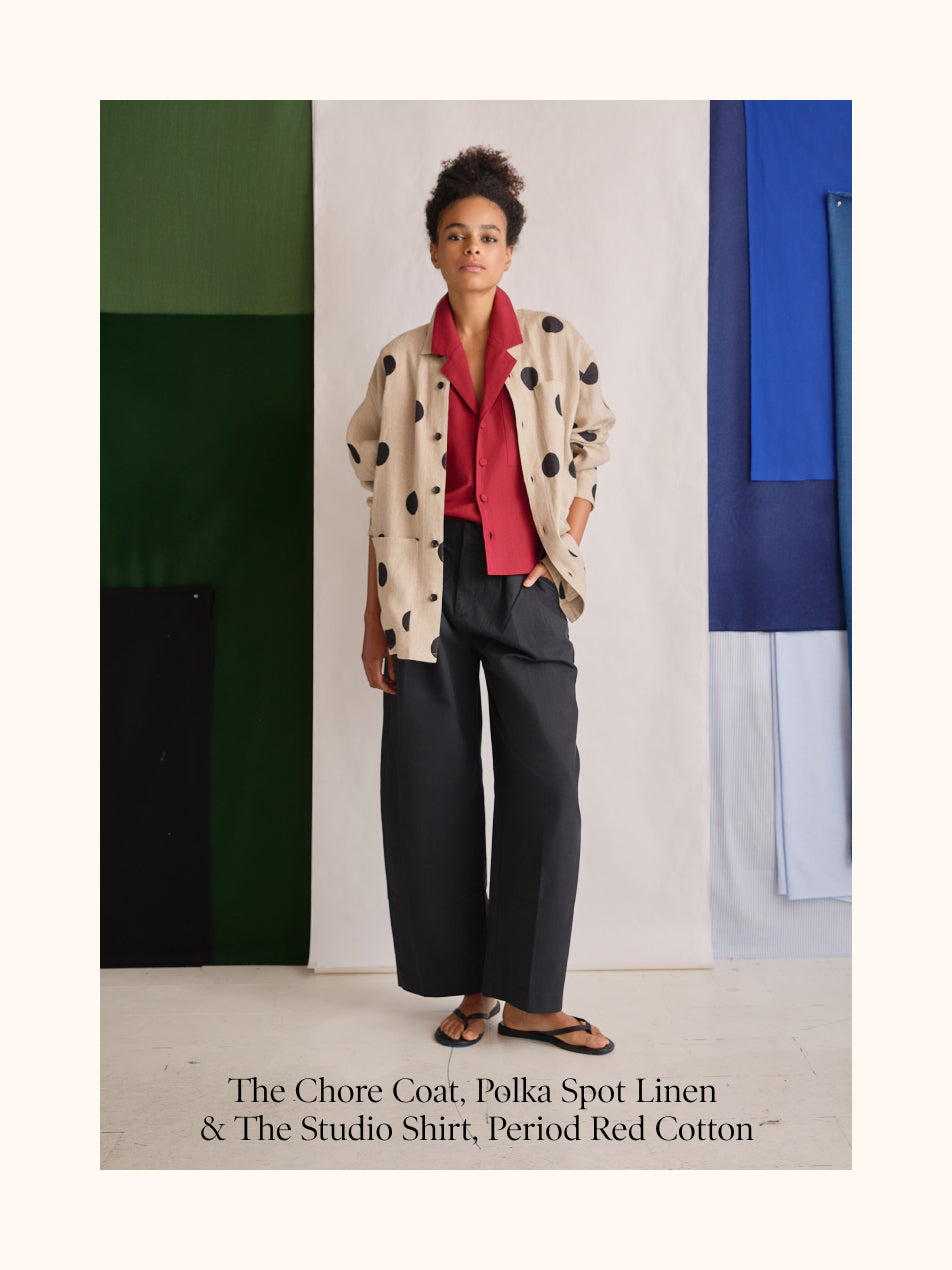 Static PLP Image: The Chore Coat, Polka Spot Linen  & The Studio Shirt, Period Red Cotton