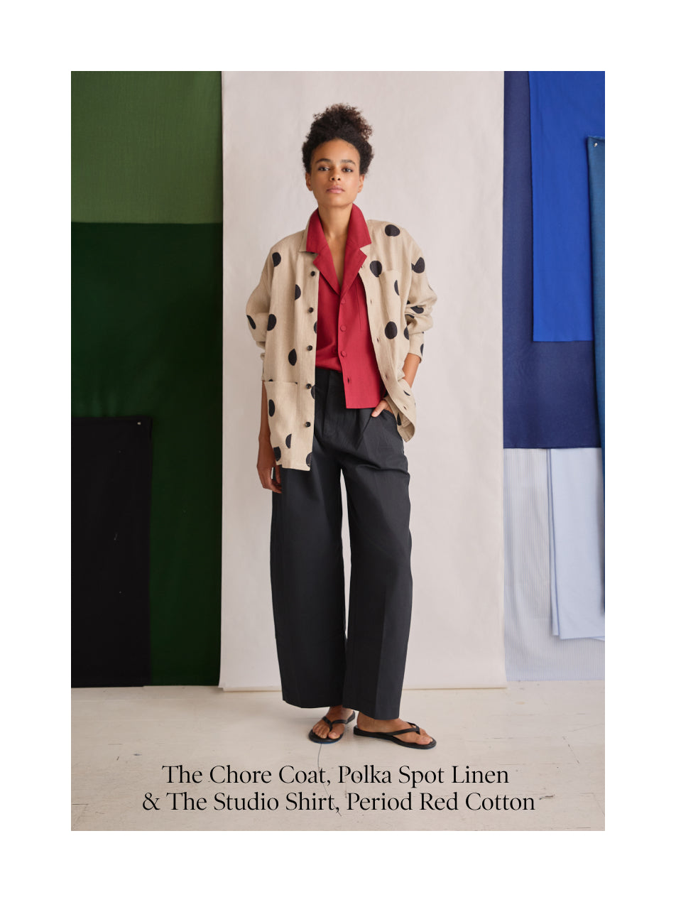 Static PLP Image: The Chore Coat, Polka Spot Linen  & The Studio Shirt, Period Red Cotton