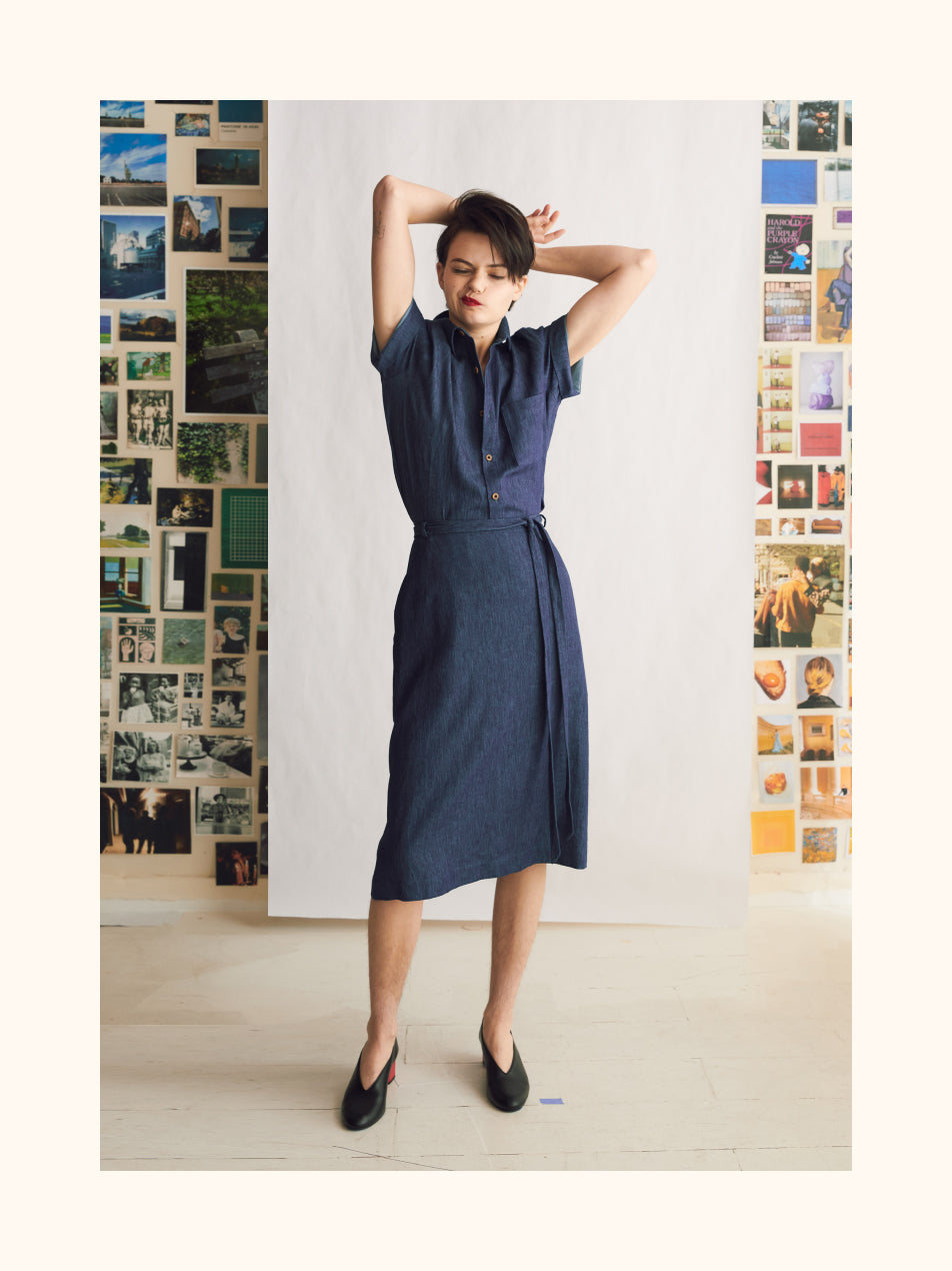 Static PLP Image: Indigo Hemp Denim Wrap Skirt & Short Sleeve Oxford