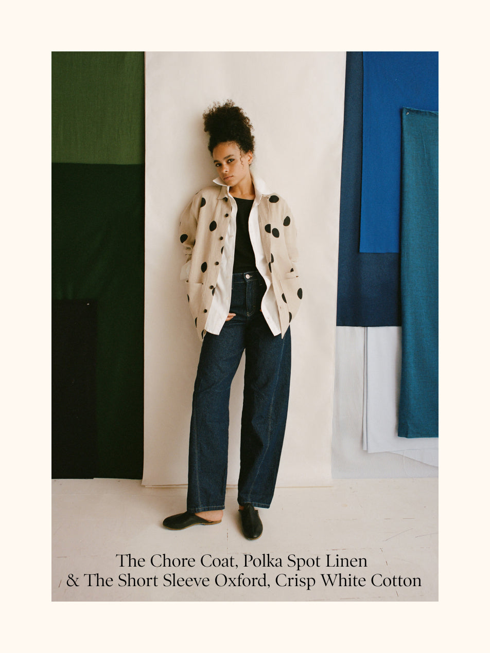 Static PLP Image: The Chore Coat, Polka Spot Linen  & The Short Sleeve Oxford, Crisp White Cotton