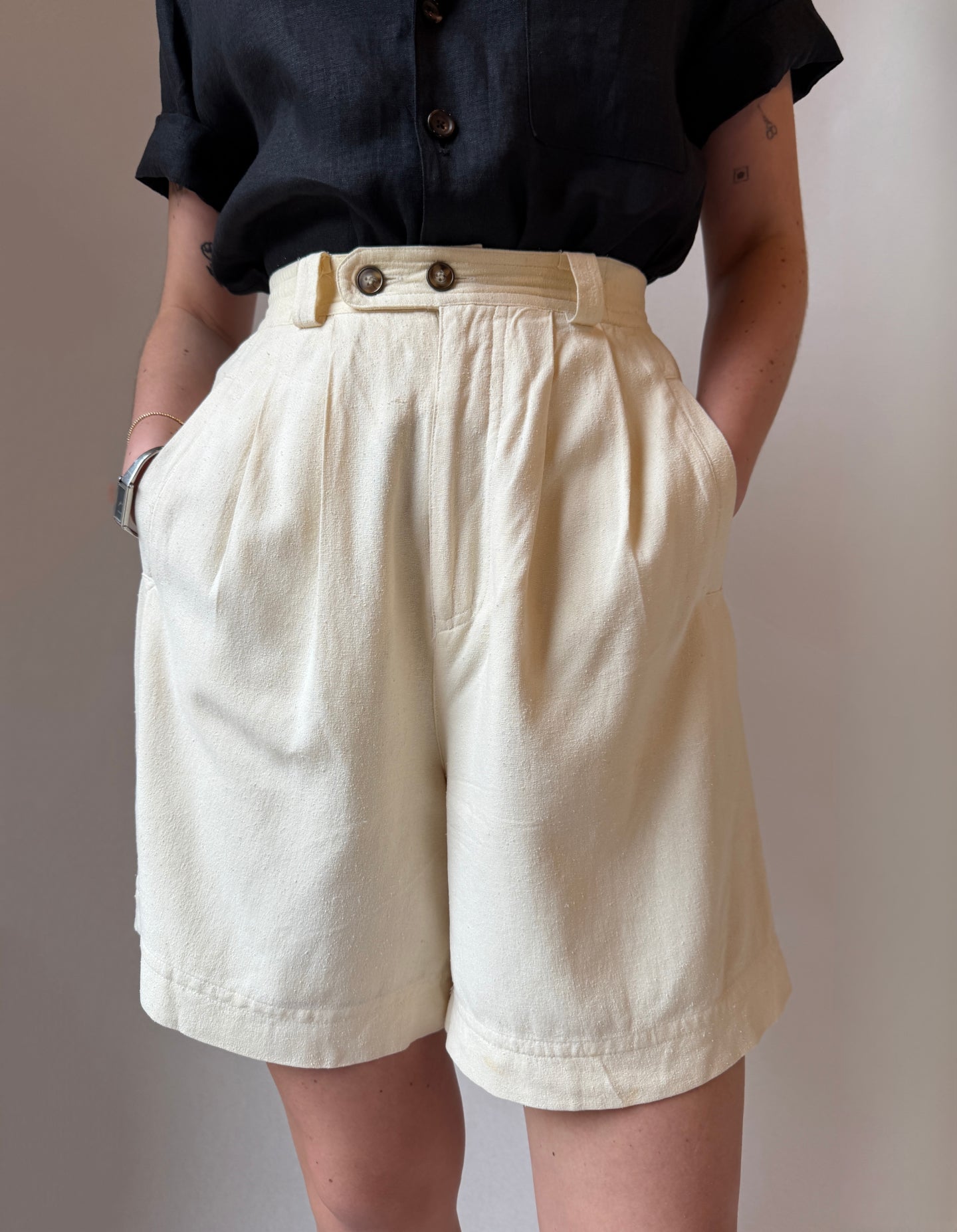 Vintage Ivory Silk Pleated Shorts