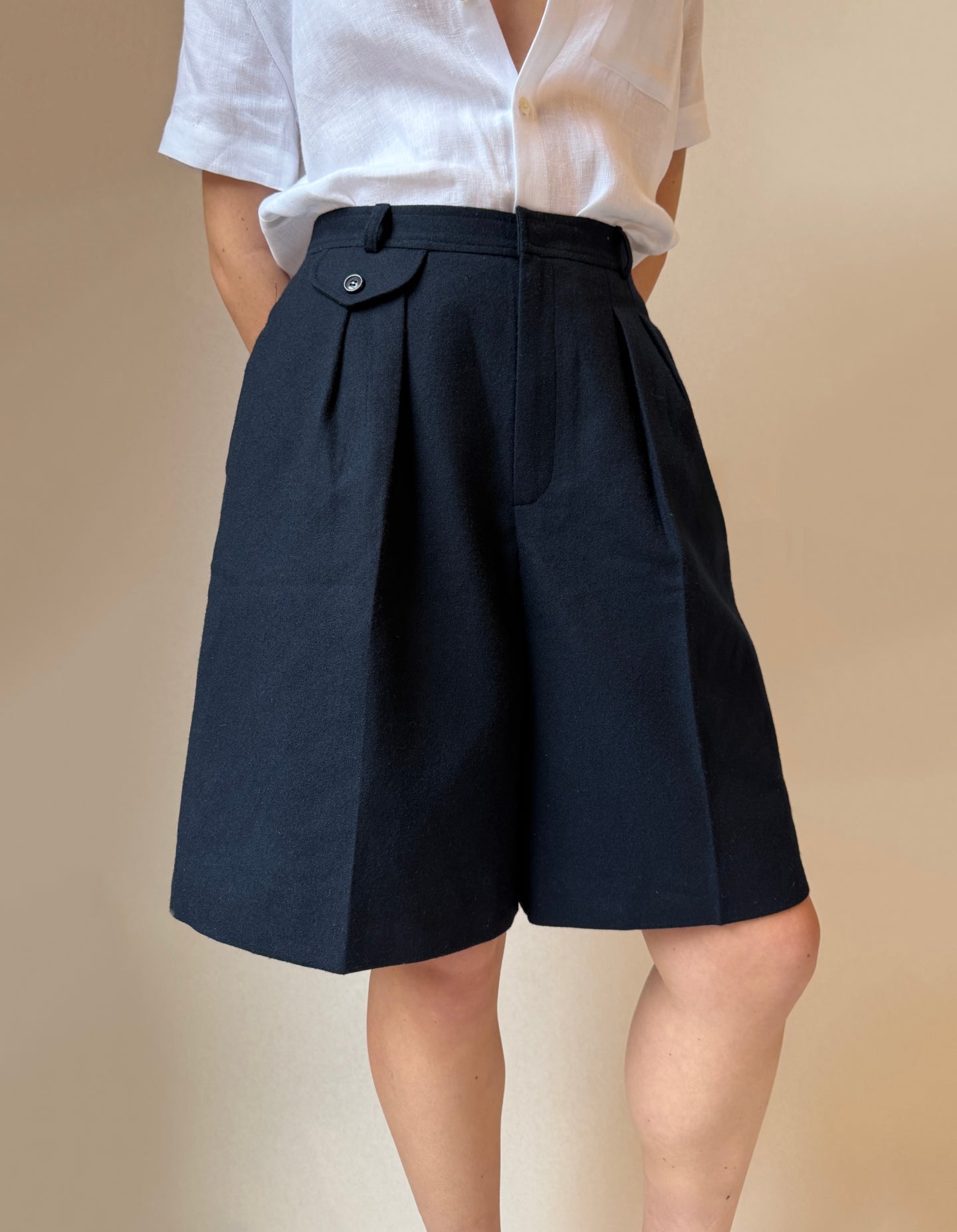 Vintage Navy Wool Pleated Shorts